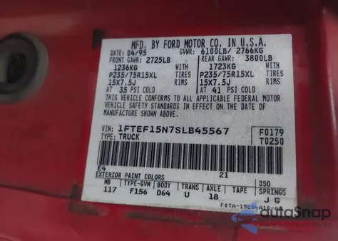 1995 Ford F150 z USA, uszkodzony, nr VIN 1FTEF15N7SLB45567